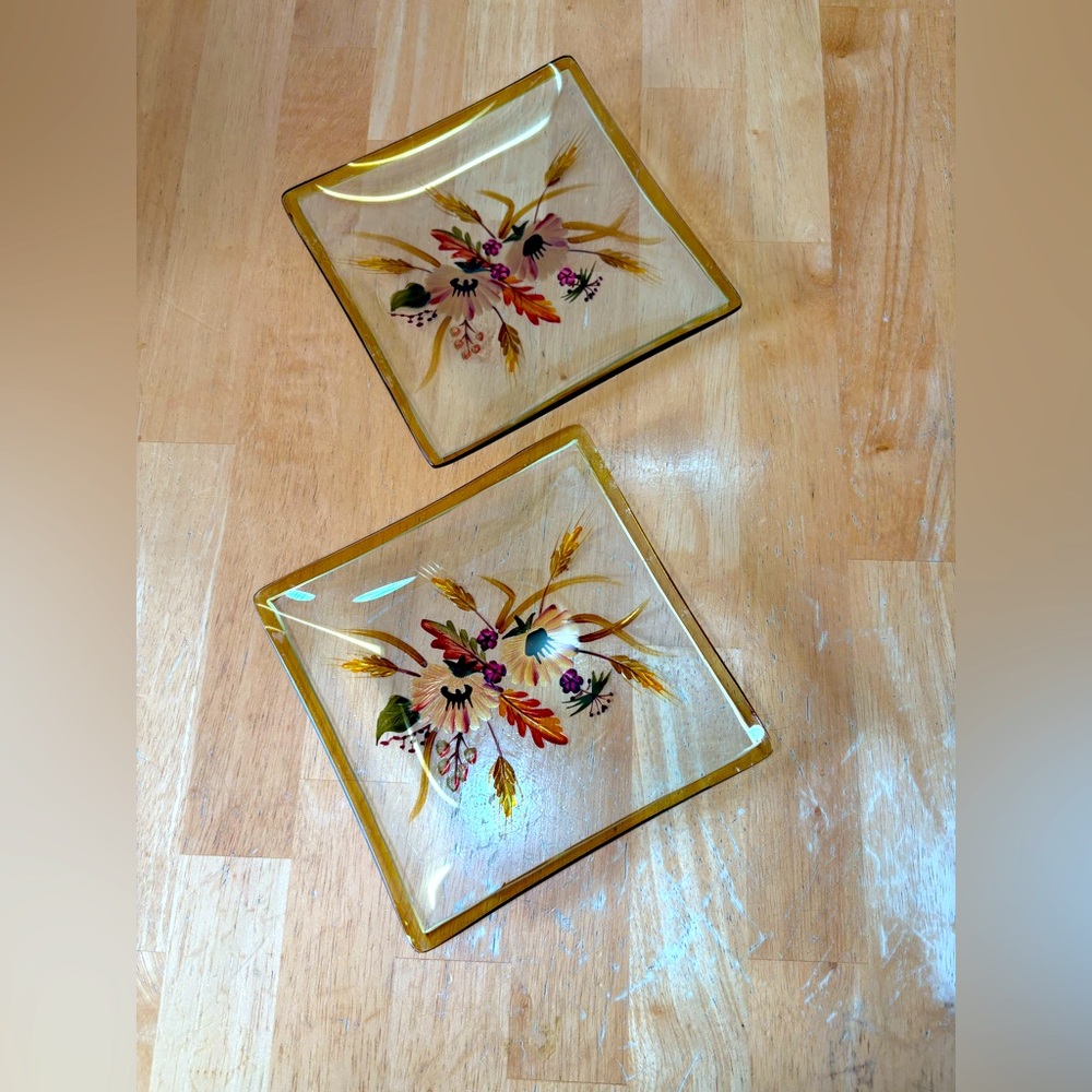Set of 2 Vintage Painted Glass Flower Dishes